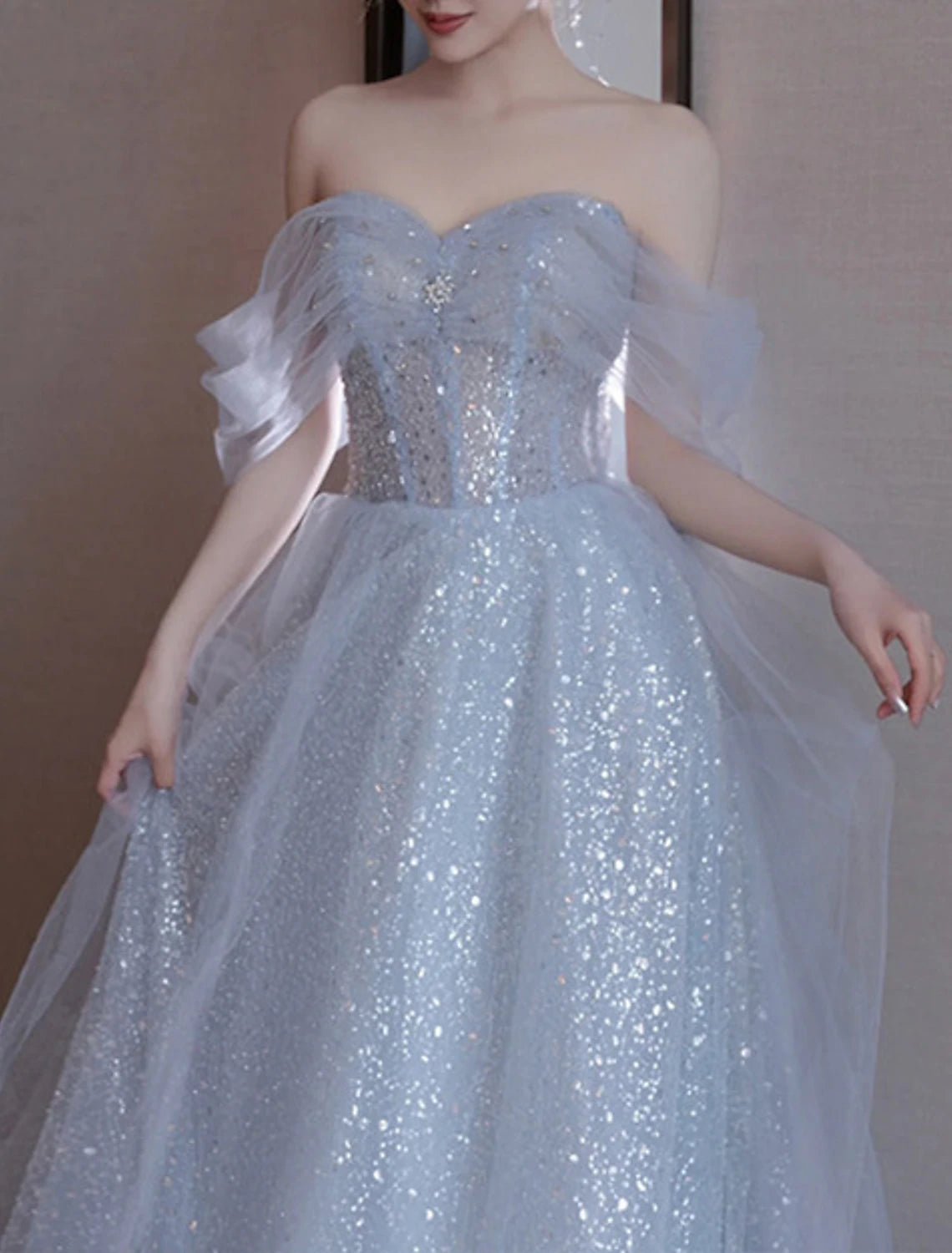 Wholesale A-Line Party Dresses Sparkle & Shine Dress Wedding Guest Prom Floor Length Sleeveless Off Shoulder Sequined with Sequin